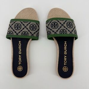 Tory Burch T Monogram Espadrille Slide Jacquard Nappa Leather Women's 5.5 NWOB